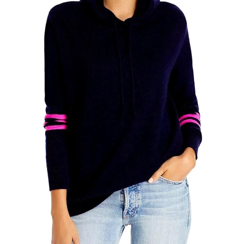 New 100% Cashmere Black Sweater Hoodie Pink Stripes
